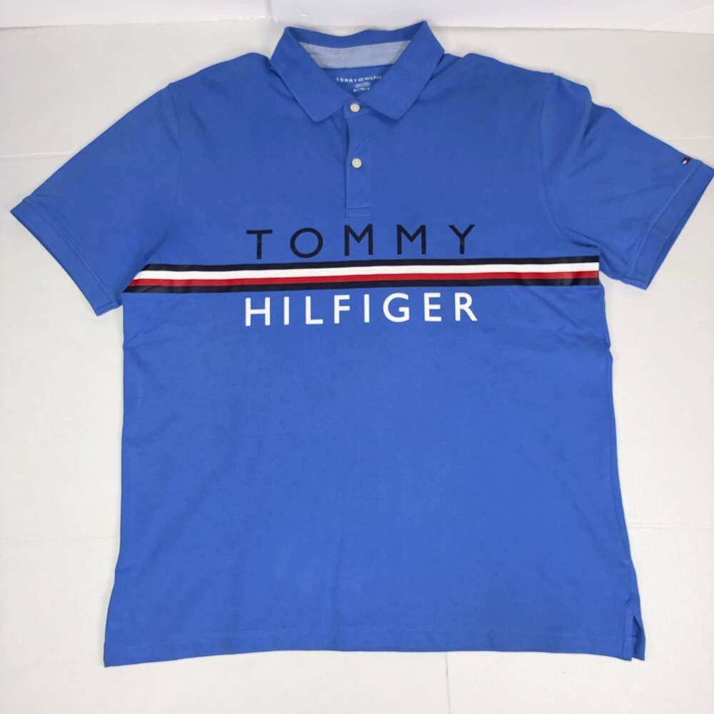 Tommy Hilfiger Men's Blue Logo Stripe Short Sleeve Polo Shirt XL